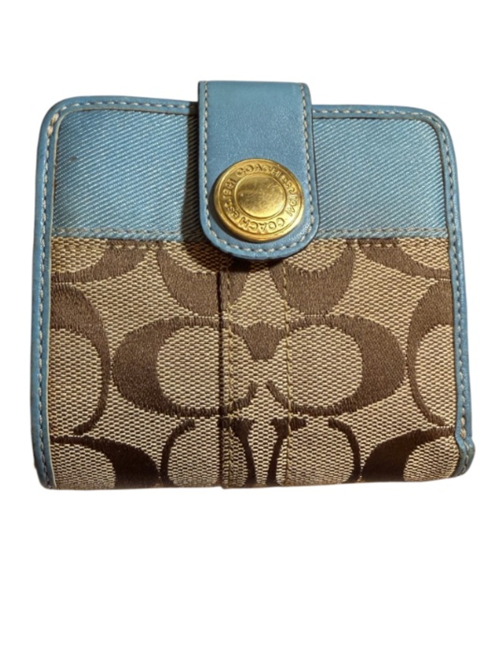 Coach Khaki Signature Blue Strim Leather Zip-Around Credit Card Wallet - Picture 2 of 13